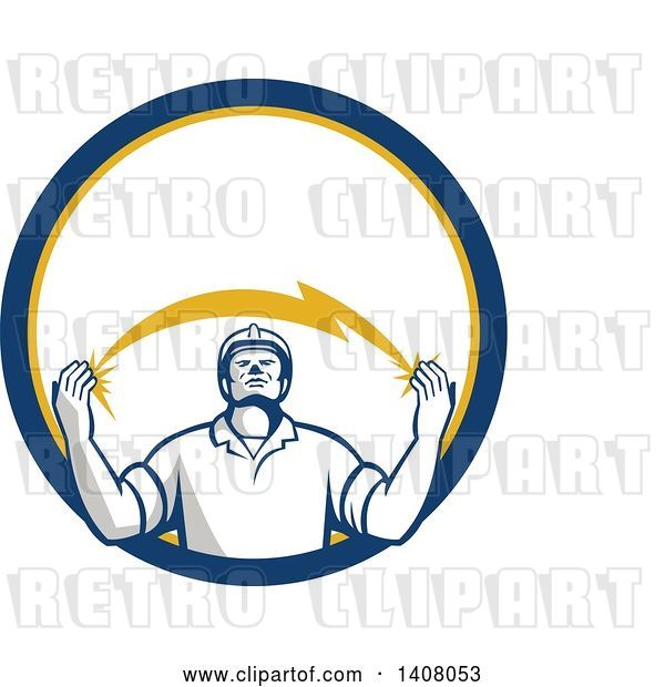 Vector Clip Art of Retro Male Electrician Looking up and Holding a Spanning Lightning Bolt in a Blue Yellow and White Circle