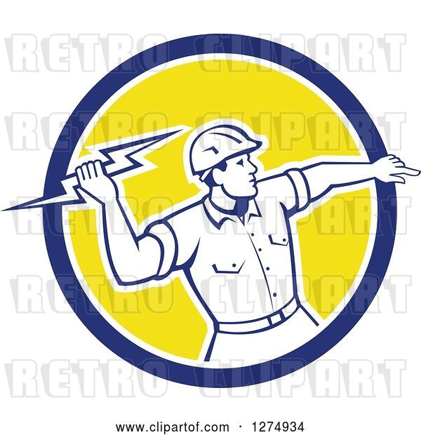 Vector Clip Art of Retro Male Electrician Throwing a Lightning Bolt in a Blue White and Yellow Circle