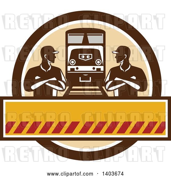 Vector Clip Art of Retro Male Engineer Workers with Folded Arms, Looking at Each Other by a Train in a Brown Circle