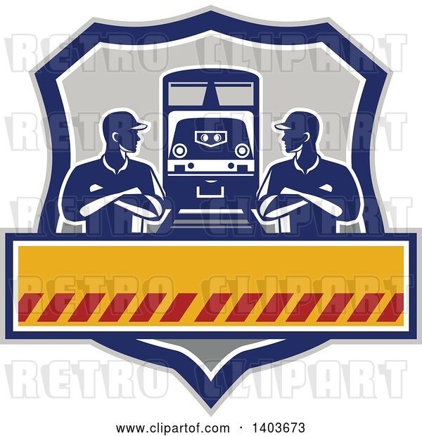 Vector Clip Art of Retro Male Engineer Workers with Folded Arms, Looking at Each Other by a Train in a Shield