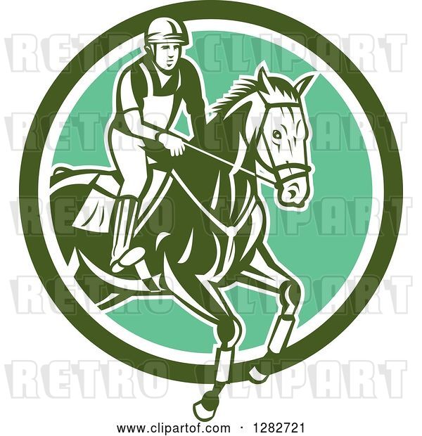 Vector Clip Art of Retro Male Equestrian Show Jumping a Horse in a Green and White Circle