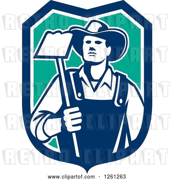 Vector Clip Art of Retro Male Farmer Holding a Hoe in a Blue White and Turquoise Shield