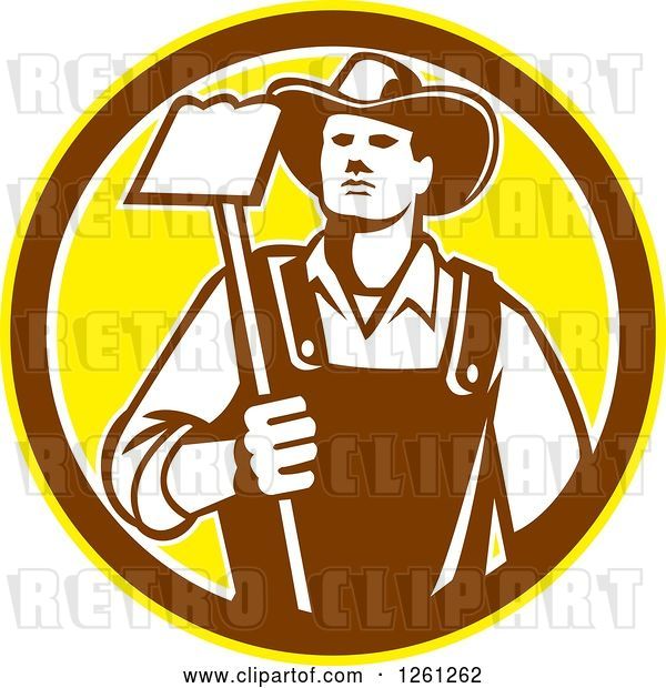 Vector Clip Art of Retro Male Farmer Holding a Hoe in a Yellow Brown and White Circle