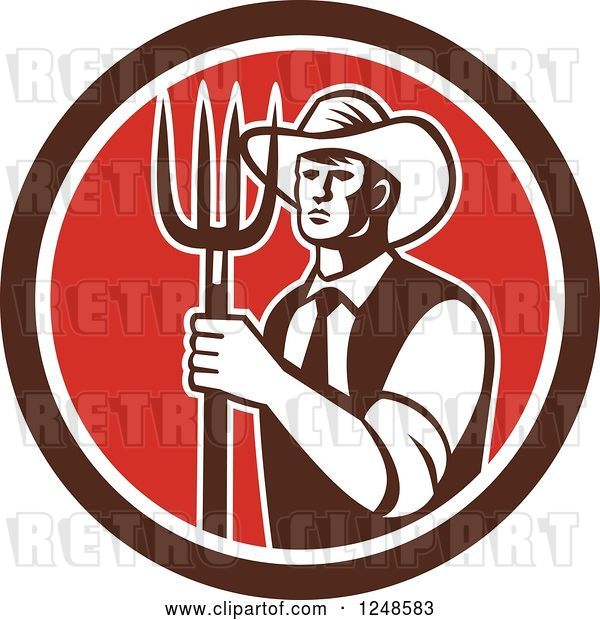 Vector Clip Art of Retro Male Farmer Holding a Pitchfork in a Red and Brown Circle