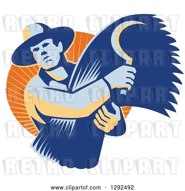Vector Clip Art of Retro Male Farmer Holding a Scythe and Harvested Wheat in an Orange Circle of Sunshine