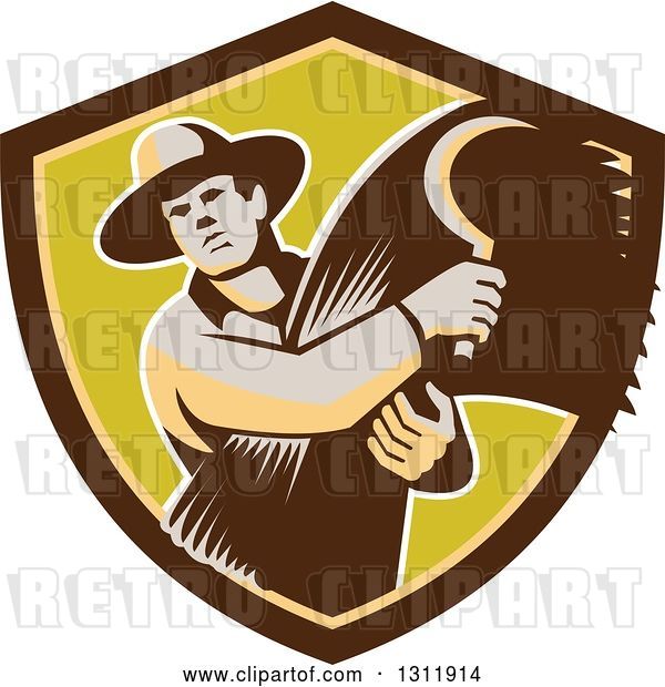 Vector Clip Art of Retro Male Farmer Holding a Scythe and Harvested Wheat in Brown and Green Shield