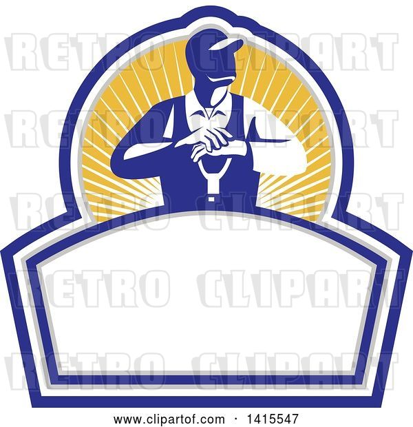 Vector Clip Art of Retro Male Farmer Leaning on a Shovel, Looking to the Side in a Sun Burst Shield