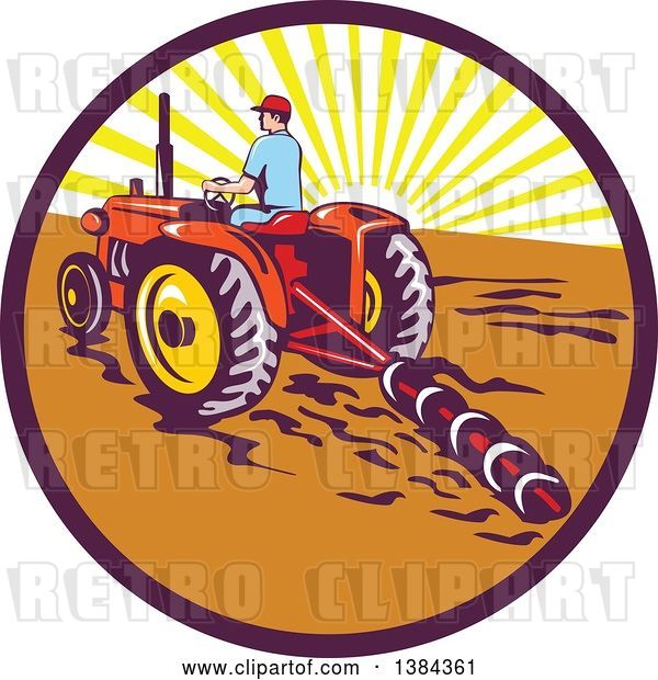 Vector Clip Art of Retro Male Farmer Operating a Tractor and Plow in a Sunrise Circle