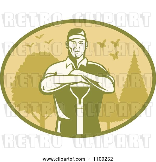 Vector Clip Art of Retro Male Farmer or Gardener Leaning on a Shovel in an Oval of Trees Birds and Butterflies