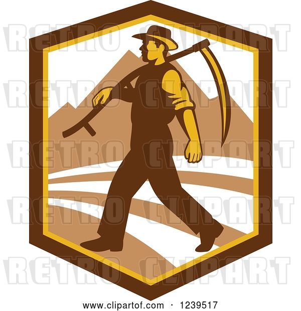 Vector Clip Art of Retro Male Farmer Walking with a Scythe in a Shield with Mountains