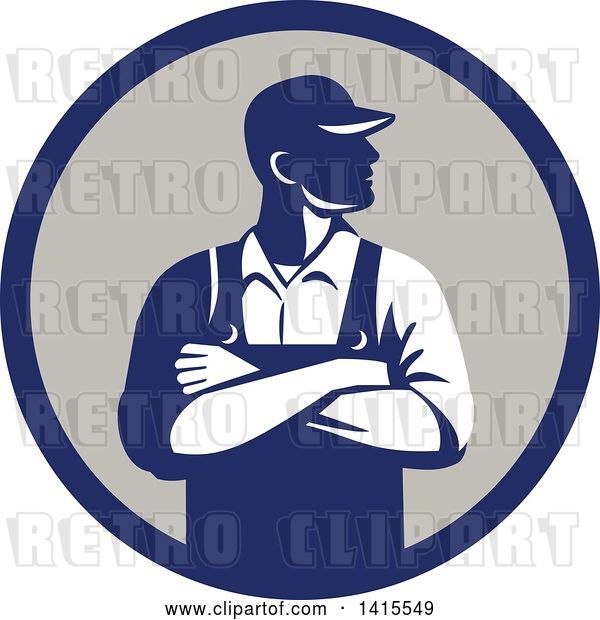Vector Clip Art of Retro Male Farmer with Folded Arms, Looking to the Side in a Blue and Gray Circle