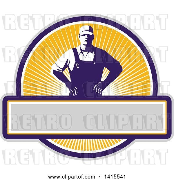 Vector Clip Art of Retro Male Farmer with Hands on His Hips in an Orange Sunny Circle