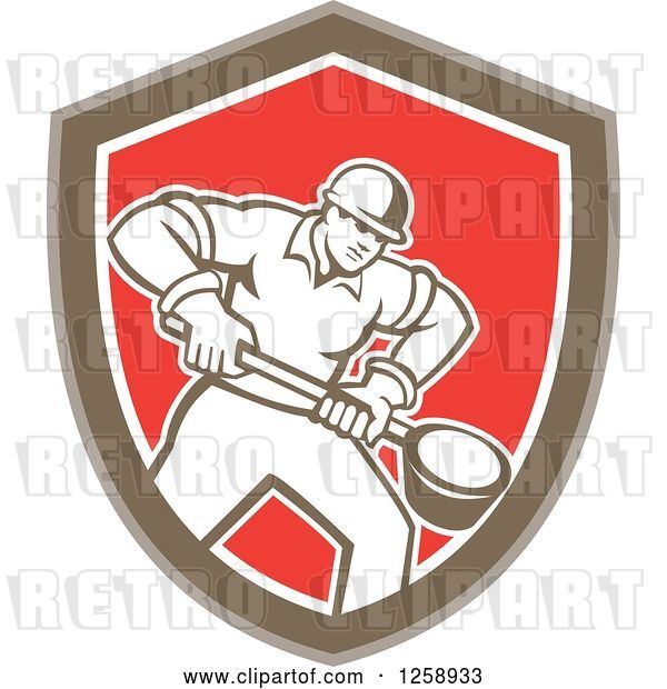 Vector Clip Art of Retro Male Foundry Worker Holding a Ladle in a Brown White and Red Shield