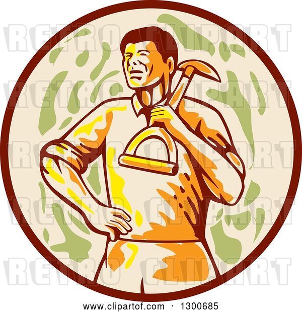 Vector Clip Art of Retro Male Gardener with a Shovel over His Shoulder in a Brown Tan and Green Circle