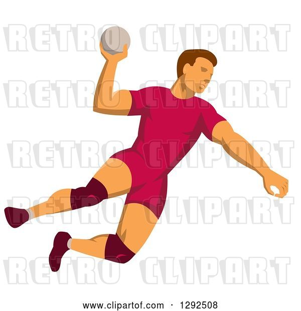 Vector Clip Art of Retro Male Handball Player Jumping and Preparing to Throw the Ball