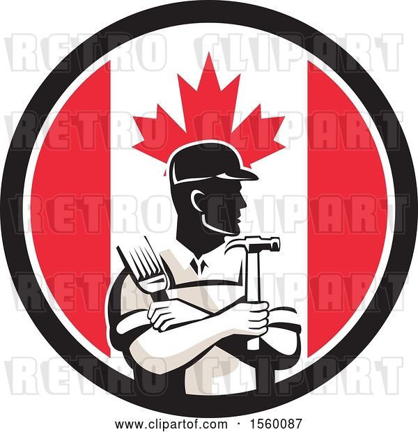 Vector Clip Art of Retro Male Handyman Holding a Paintbrush and Hammer in a Canadian Flag Circle