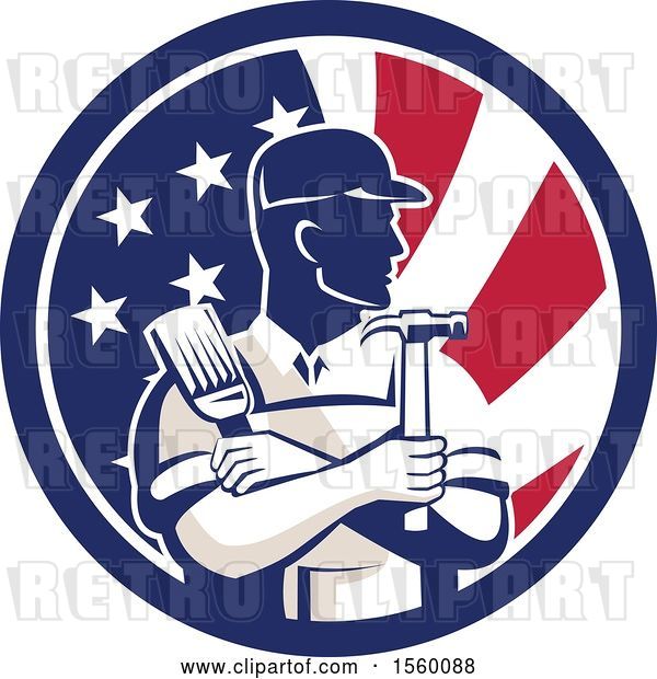 Vector Clip Art of Retro Male Handyman Holding a Paintbrush and Hammer in an American Flag Circle