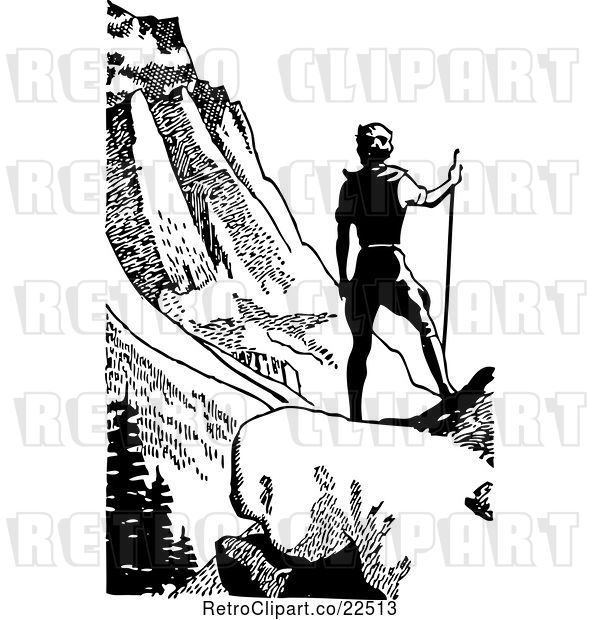 Vector Clip Art of Retro Male Hiker in Mountains