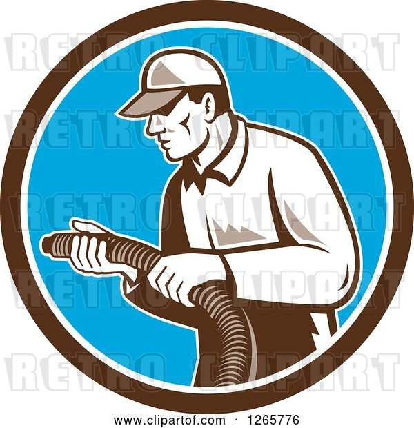 Vector Clip Art of Retro Male Home Insulation Worker Holding a Hose in a Brown White and Blue Circle