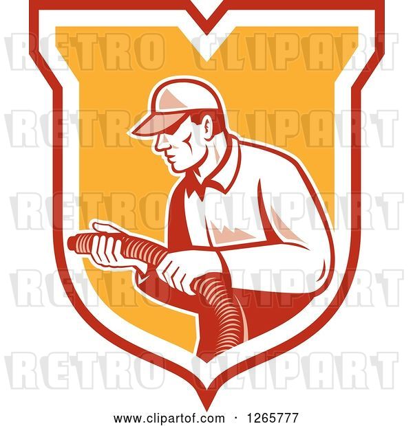 Vector Clip Art of Retro Male Home Insulation Worker Holding a Hose in a Shield