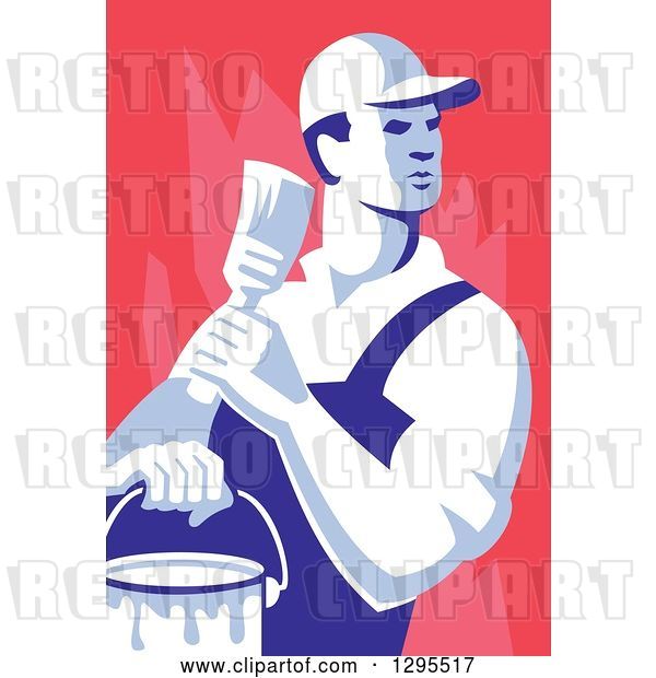 Vector Clip Art of Retro Male House Painter Holding a Brush and Bucket, Looking Back over Red