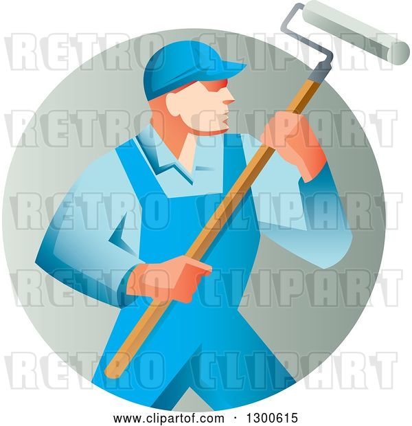 Vector Clip Art of Retro Male House Painter in Blue Overalls, Holding a Roller Brush in a Gradient Circle