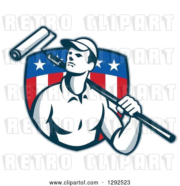 Vector Clip Art of Retro Male House Painter with a Roller Brush over His Shoulder in an American Flag Shield