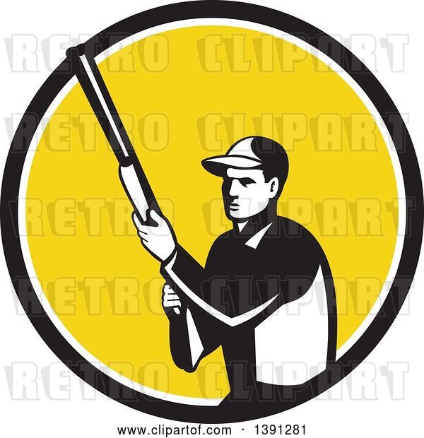 Vector Clip Art of Retro Male Hunter Holding a Shotgun in a Black White and Yellow Circle