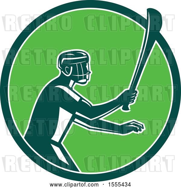 Vector Clip Art of Retro Male Hurling Player Holding a Wooden Hurley Stick in a Green Circle