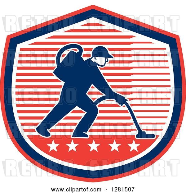 Vector Clip Art of Retro Male Janitor Operating a Carpet Cleaner over a Red White and Blue Stripes and Stars Shield