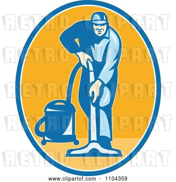 Vector Clip Art of Retro Male Janitor Using a Vacuum over an Orange Oval