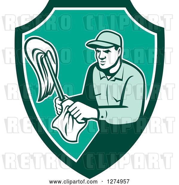 Vector Clip Art of Retro Male Janitor with a Mop and Wipes in a Green and White Shield