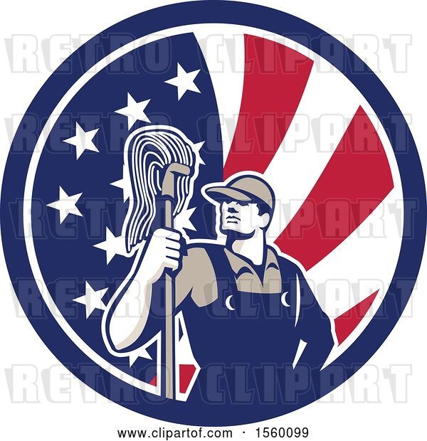 Vector Clip Art of Retro Male Janitor with a Mop in an American Flag Circle