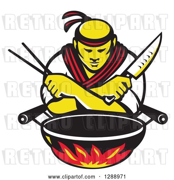 Vector Clip Art of Retro Male Japanese Chef with Crossed Arms, a Knife and Chopsticks over a Wok and Flames