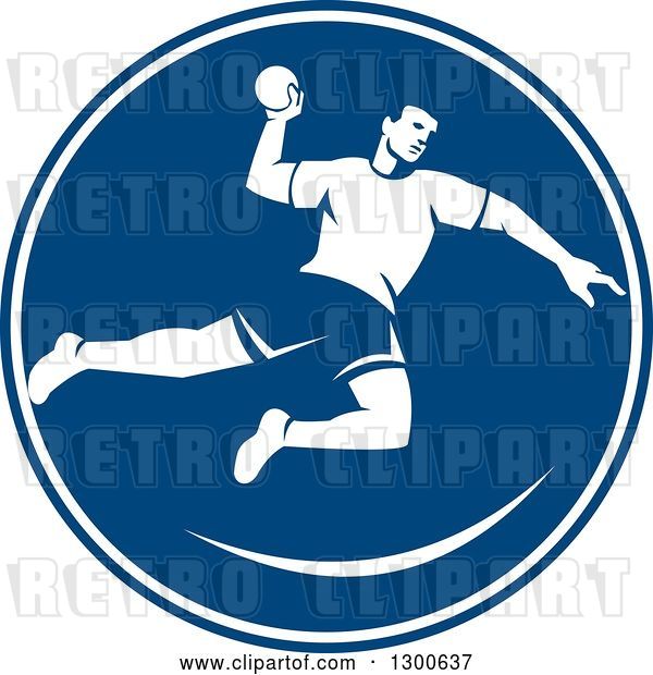 Vector Clip Art of Retro Male Jumping Handball Player in a Blue and White Circle