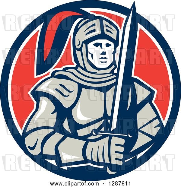 Vector Clip Art of Retro Male Knight in Armor, Holding a Sword in a Blue White and Red Circle
