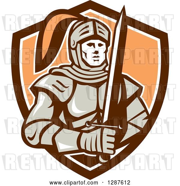 Vector Clip Art of Retro Male Knight in Armor, Holding a Sword in a Brown White and Pastel Orange Shield