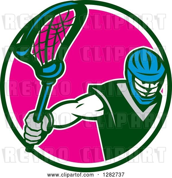 Vector Clip Art of Retro Male Lacrosse Player Holding a Stick in a Green White and Pink Circle