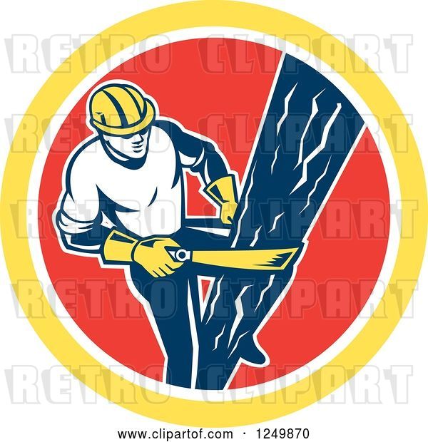 Vector Clip Art of Retro Male Lineman Climbing a Pole in a Red and Yellow Circle