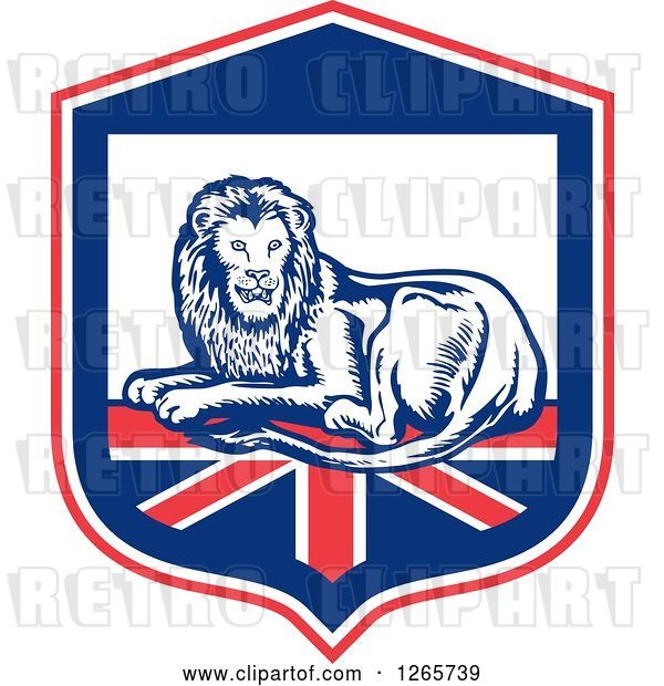 Vector Clip Art of Retro Male Lion Resting on a British Flag in a Shield