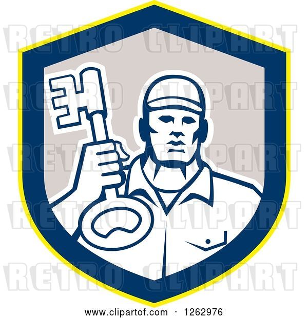 Vector Clip Art of Retro Male Locksmith Holding up a Key in a Yellow Blue and Gray Shield