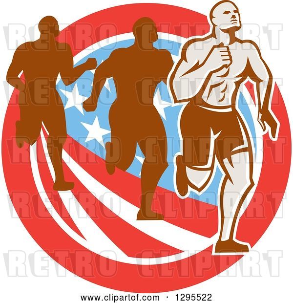 Vector Clip Art of Retro Male Marathon Runner Ahead of Others over an American Circle