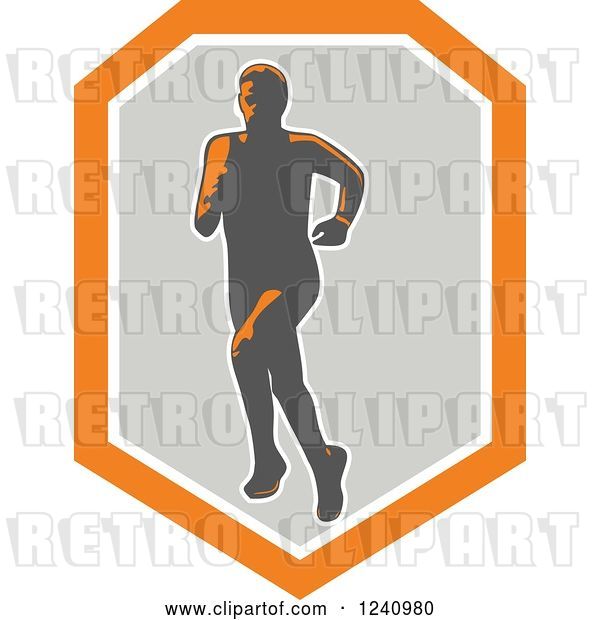 Vector Clip Art of Retro Male Marathon Runner in a Gray and Orange Shield