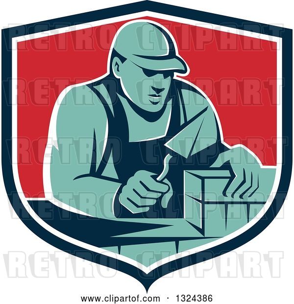 Vector Clip Art of Retro Male Mason Worker Laying a Brick Wall in a Blue White and Red Shield