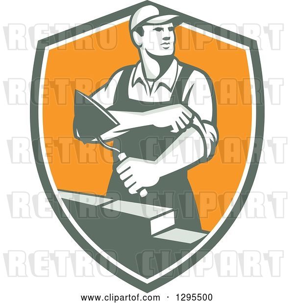 Vector Clip Art of Retro Male Mason Worker Rolling up His Sleeves and Laying a Brick Wall in a Shield