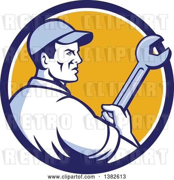 Vector Clip Art of Retro Male Mechanic Holding a Giant Wrench in a Blue White and Yellow Circle