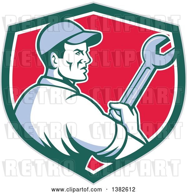 Vector Clip Art of Retro Male Mechanic Holding a Giant Wrench in a Gray Green White and Red Shield