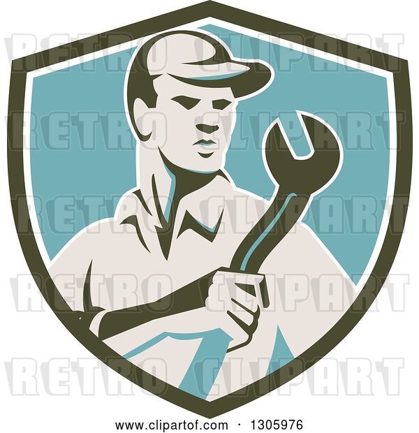 Vector Clip Art of Retro Male Mechanic Holding a Giant Wrench in an Olive Green White and Blue Shield