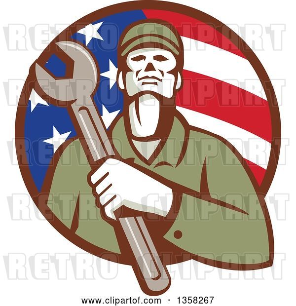 Vector Clip Art of Retro Male Mechanic Holding a Giant Wrench over His Chest in an American Flag Circle