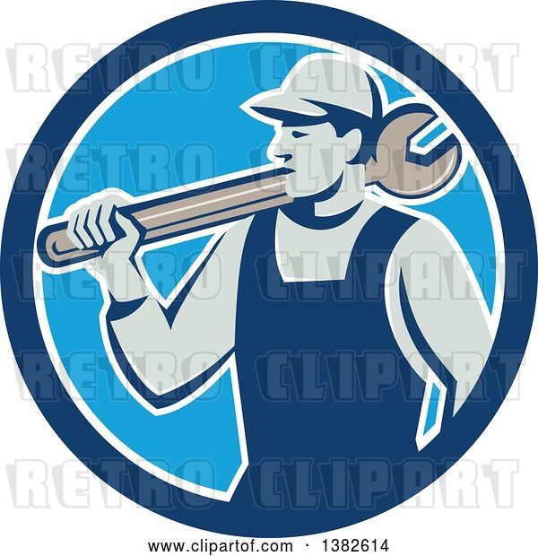 Vector Clip Art of Retro Male Mechanic Holding a Giant Wrench over His Shoulder in a Blue and White Circle